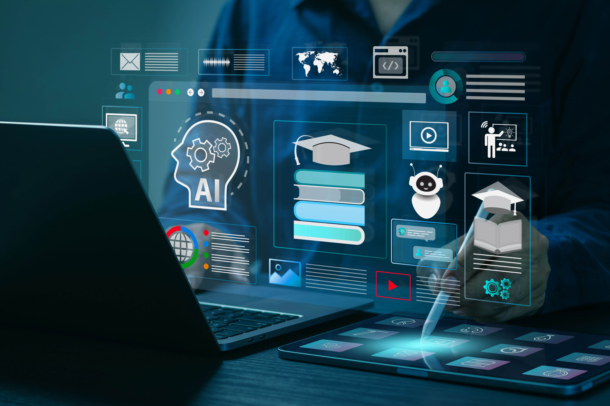 AI Artificial Intelligence and Education technology concept. A man use laptops, Learn lessons and online webinars successfully in modern digital learning, Courses to develop new skills. E-learning.