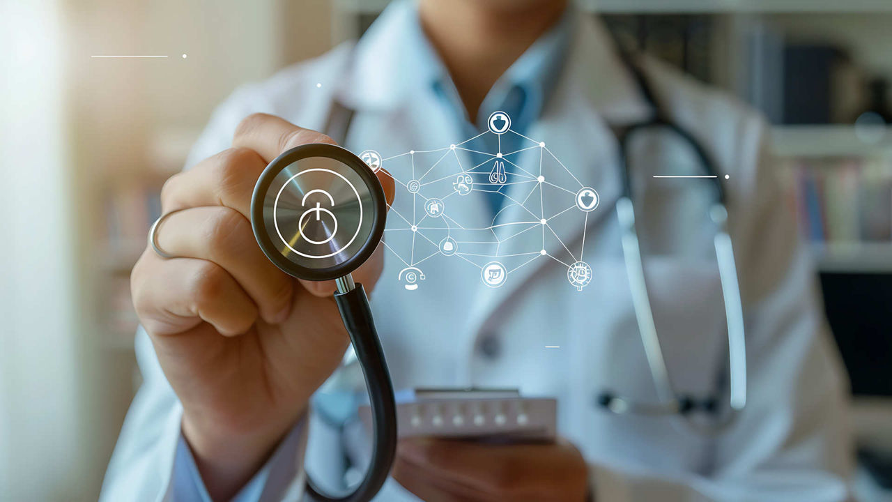 Doctor Holding Stethoscope with Medical Network